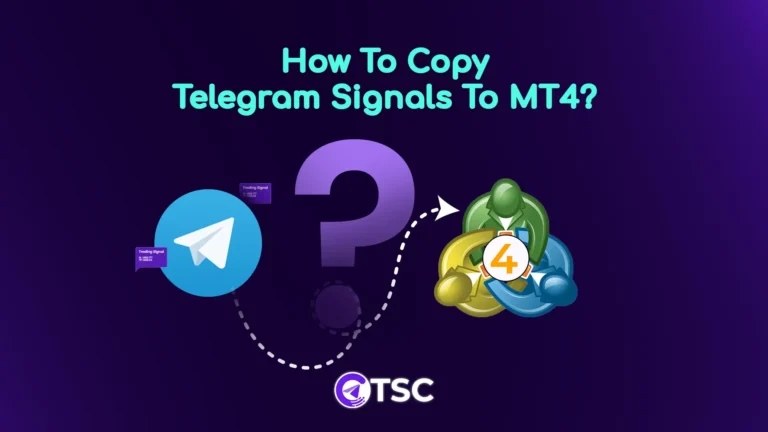 TSC purple color background image showing how to copy telegram signals to mt4 with telegram and mt4 logo and a question mark symbol