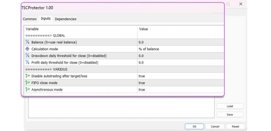 Telegram Signal Copier TSC Protector settings screen