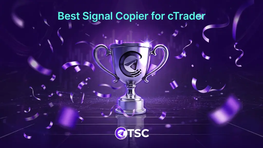 Award-style visual highlighting the best Telegram to cTrader trade copier, showcasing automated trade copying, reliability, and advanced trading automation with TSC.