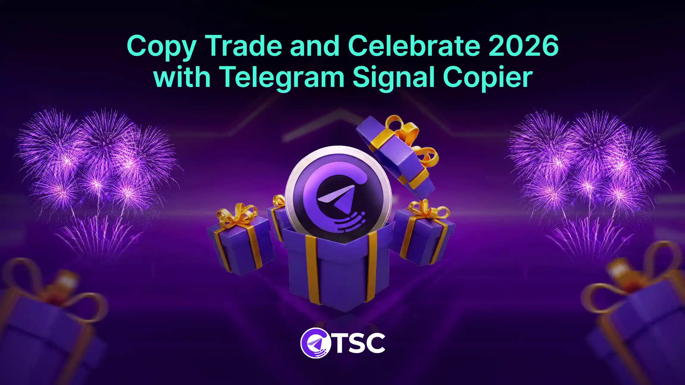 Celebrate 2026 with Telegram Signal Copier by TSC, featuring automated copy trading, profitable signal execution, and festive New Year trading visuals.