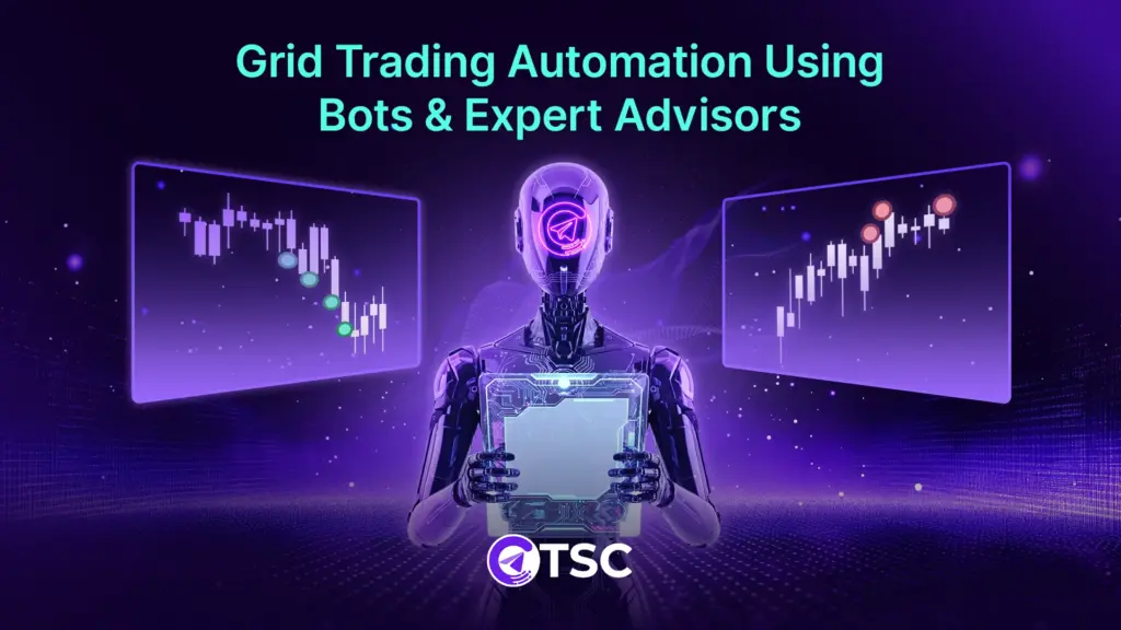 Grid trading automation using AI bots and expert advisors, showing algorithmic trading charts with buy and sell levels, automated order execution, and a futuristic trading assistant for forex and crypto markets.